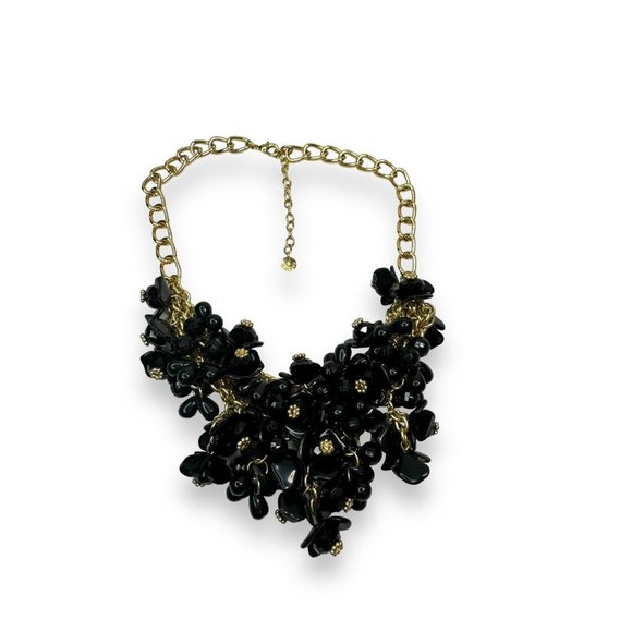 Talbots Black Acrylic Flower Cluster Goldtone Chunky Bib Necklace 18.5-21.5” - Picture 9 of 10